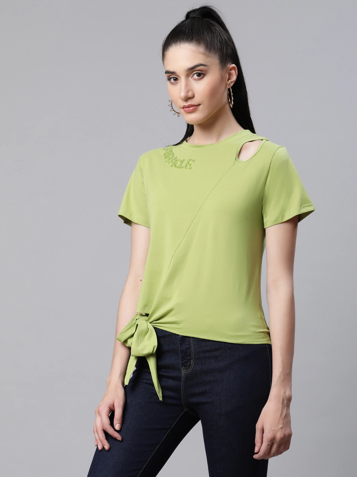 Women Regular Fit Bead Embroidered Leaf Green Top - Global Republic