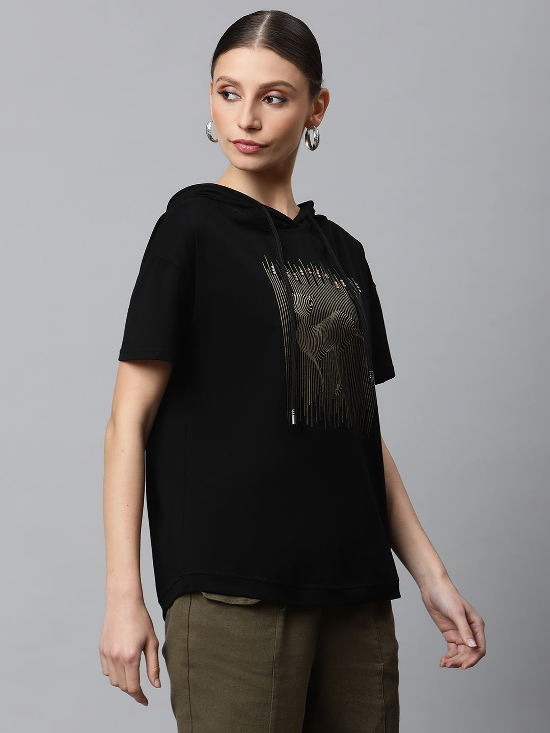 Women Black Regular Fit Hooded Embellished T-Shirt