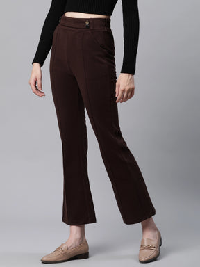 Solid High Rise Brown Flared Trousers