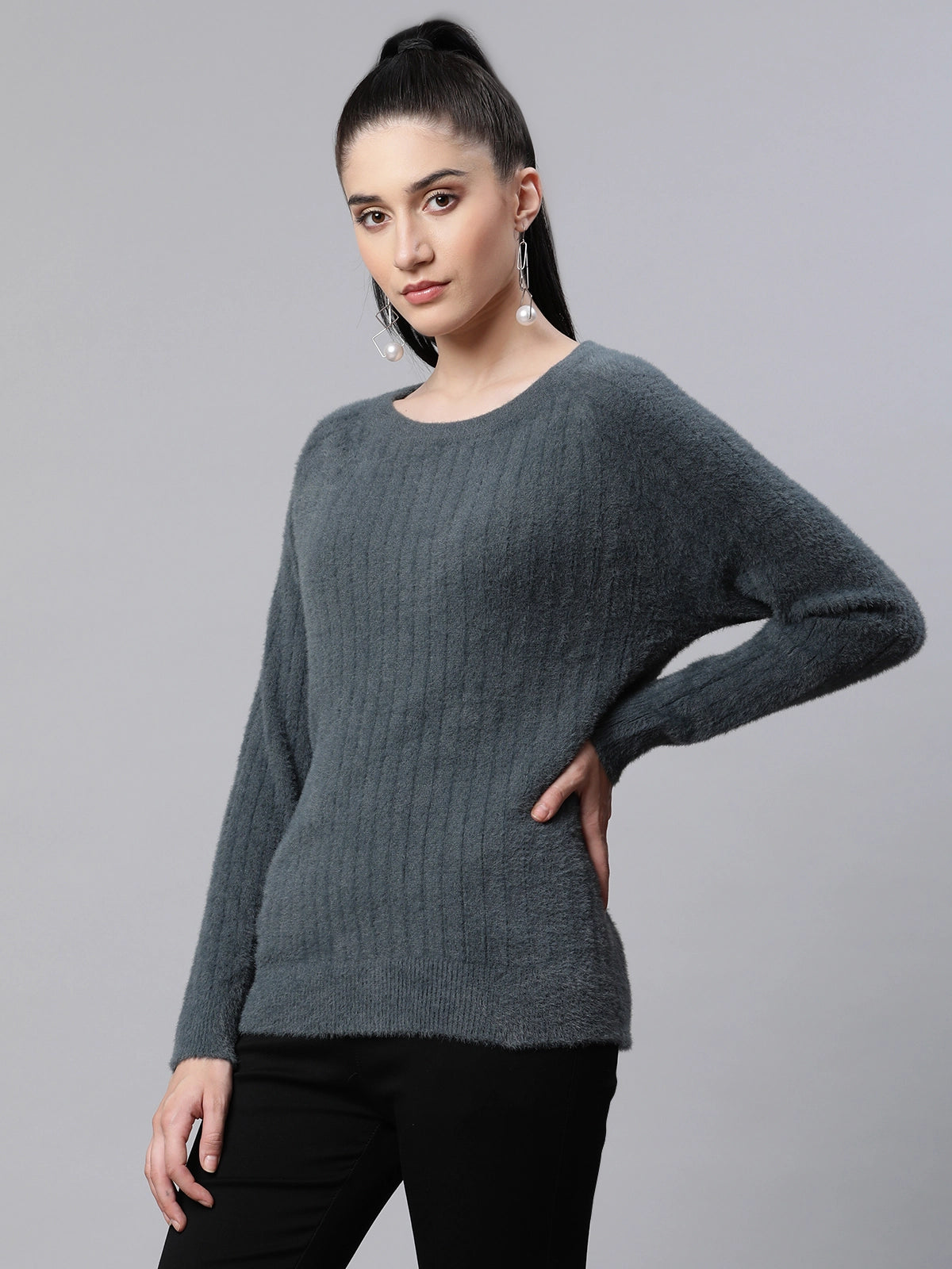 Buy Pile knit Grey Woolen Casual Pullover