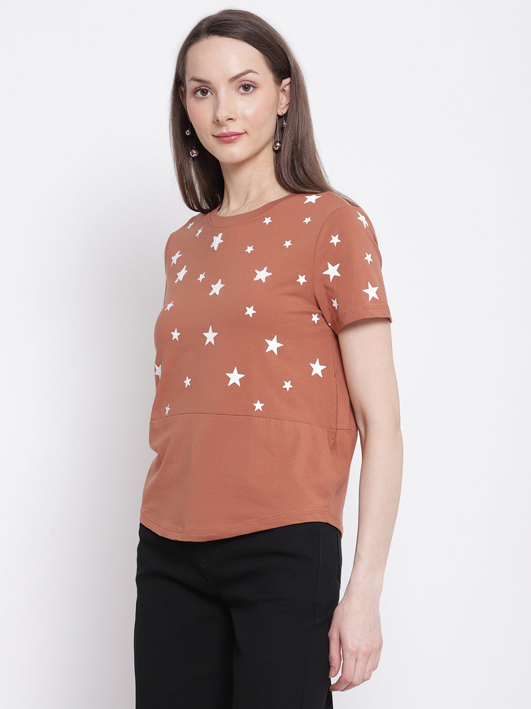Women Stars Printed Brown Regular Fit T-Shirt