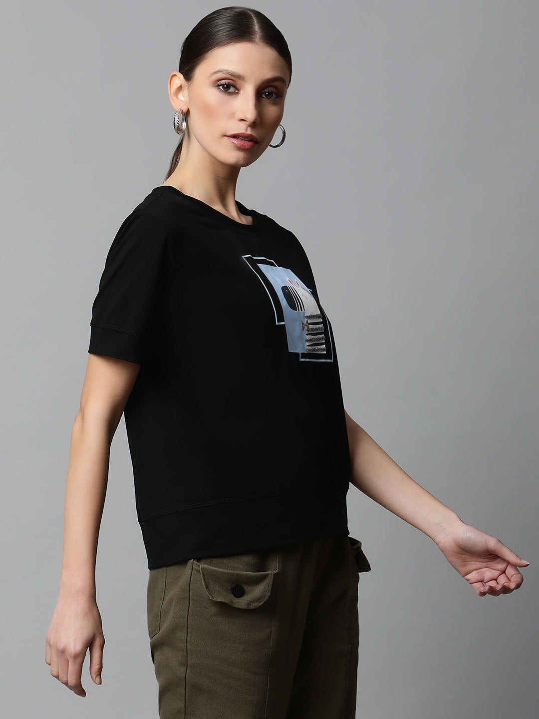 Women Regular Fit Black Animation Graphic Cotton T-Shirt - Global Republic