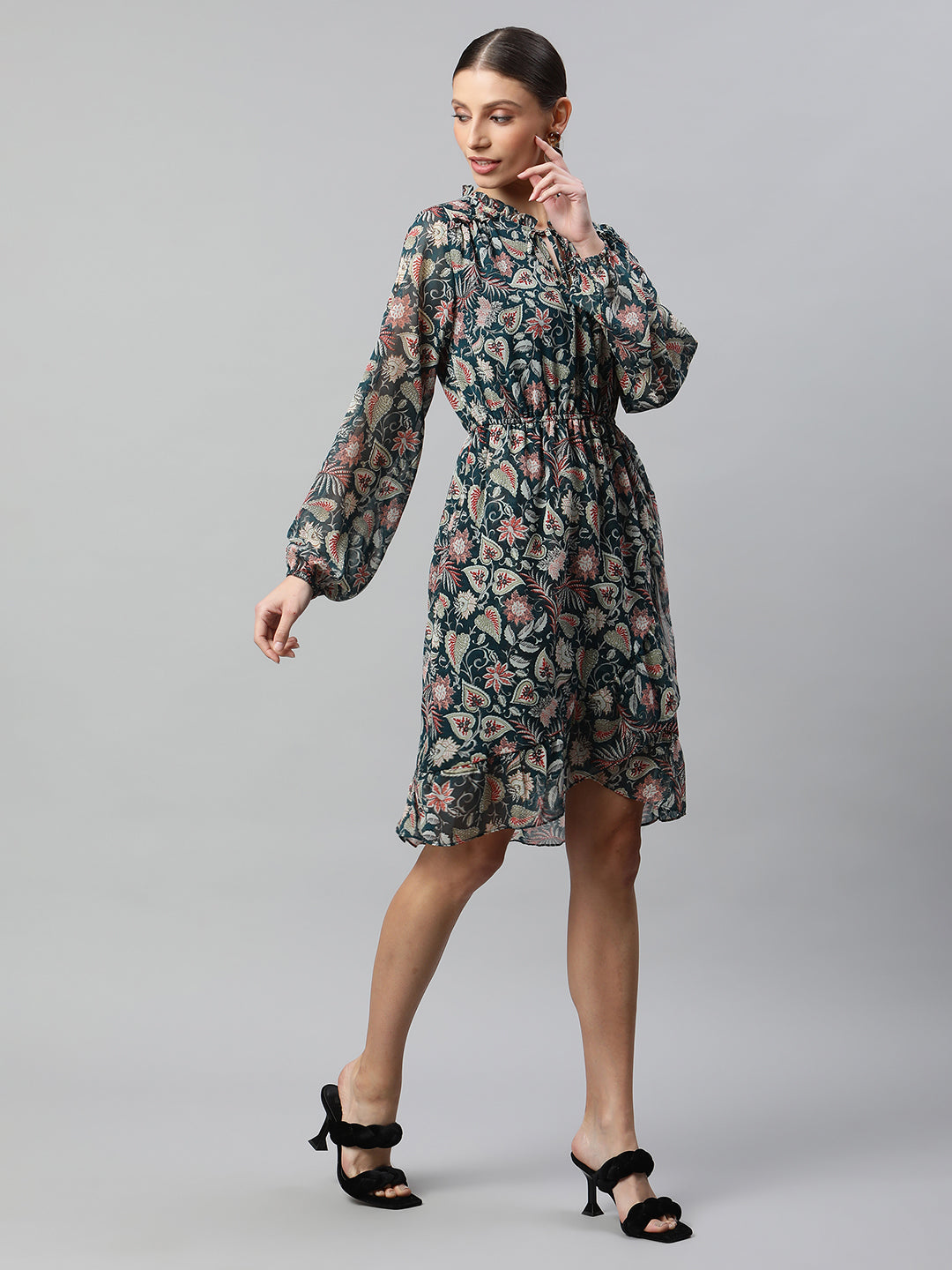 women bottle green floral printed dress