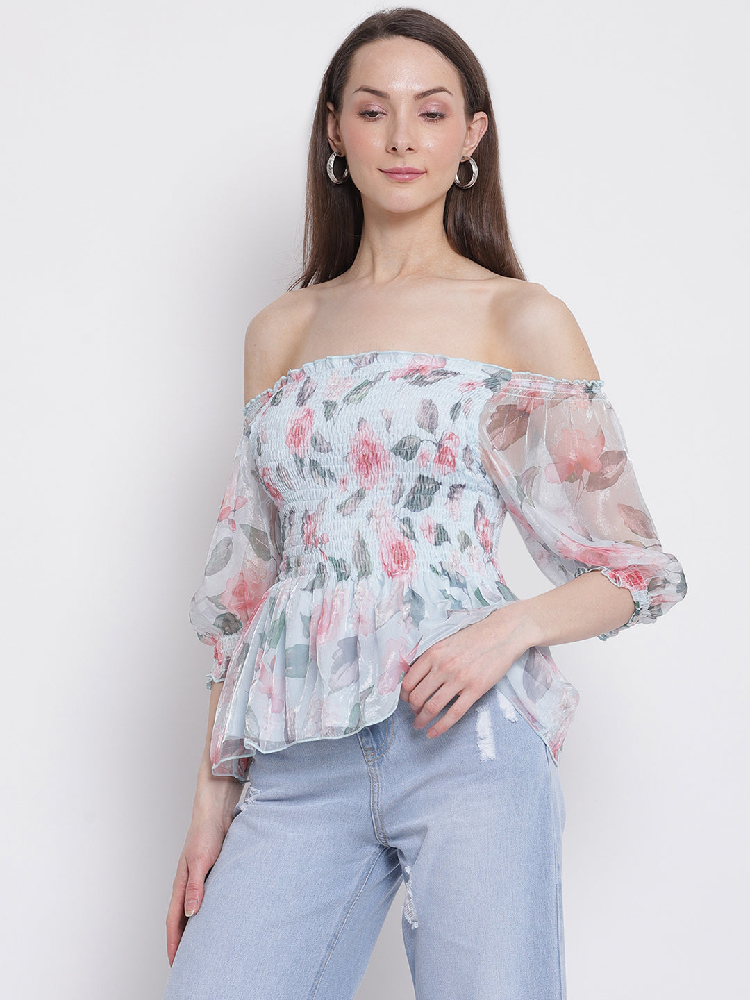 Women Off-Shoulder Blue Floral Print Peplum Top