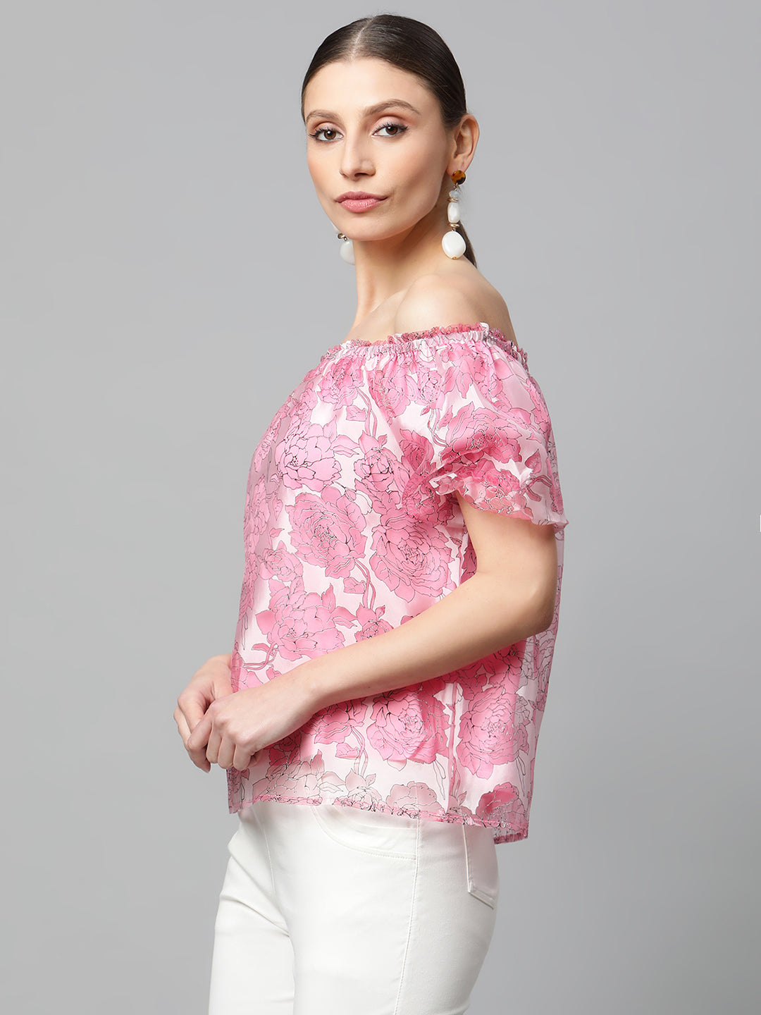 Women Pink Net Floral Off-Shoulder Printed Top