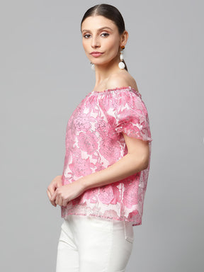 Women Pink Net Floral Off-Shoulder Printed Top