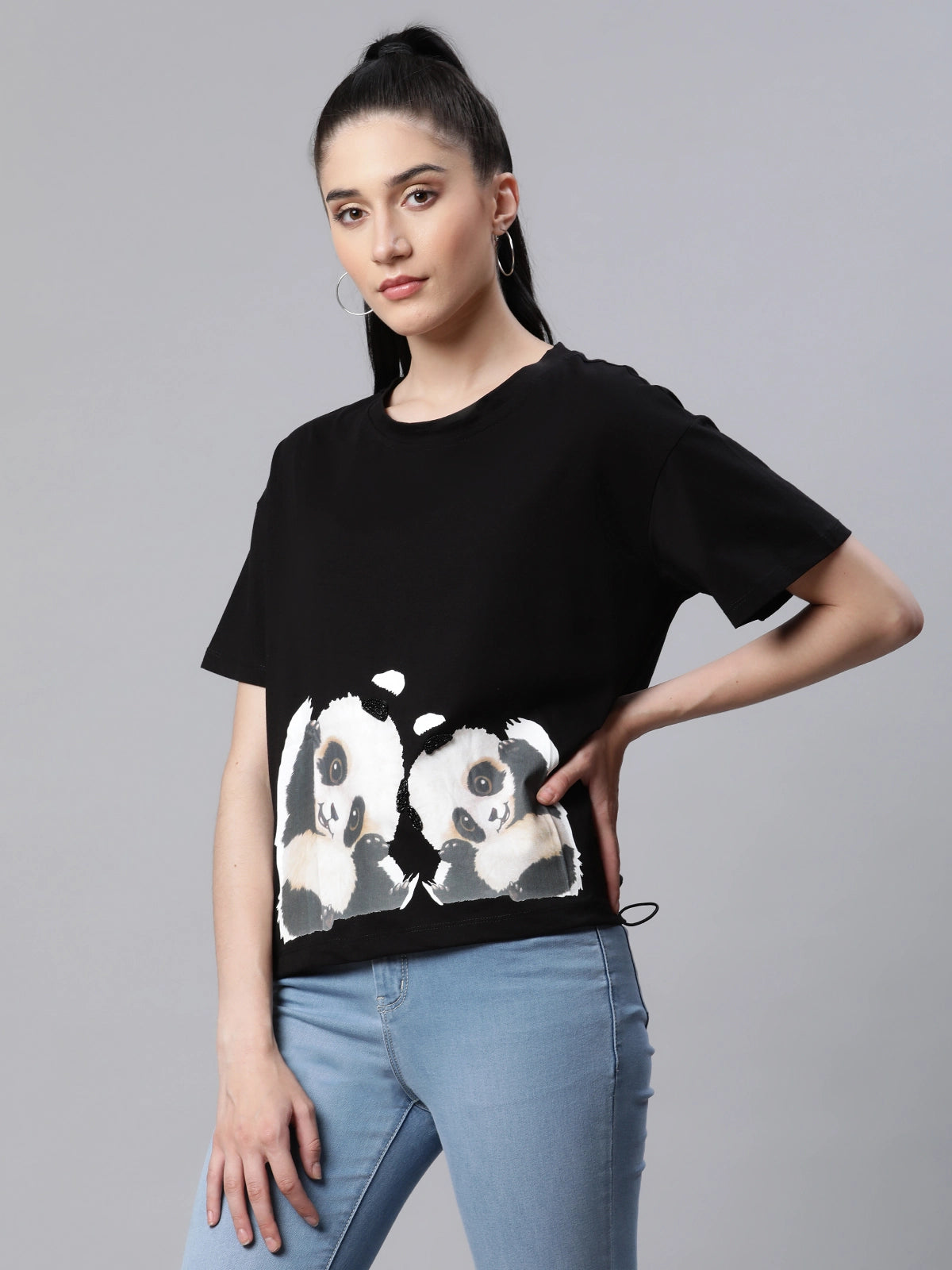 Women  Regular Fit Black Printed Cotton Casual Top - Global Republic