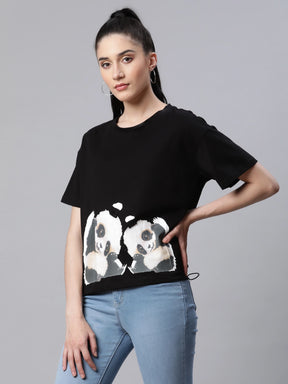 Women  Loose Fit Black Printed Hosiery Casual T-Shirt