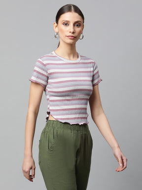 Women Brick Lavender & Multi-Color Horizontal Striped Cropped Top