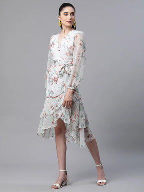 women floral printed green georgette regular fit casual dress