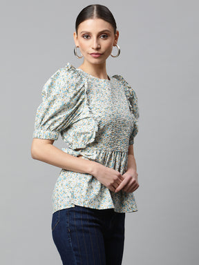 Women Sea Green & Blue Floral Peplum Top