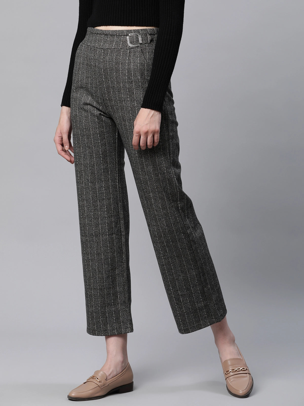 Striped High Rise Brown Straight Trousers