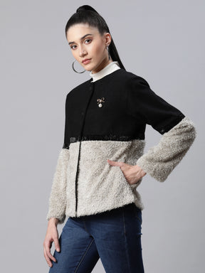  A Fashionable Women Colorblocked Black Polyester Box Fit Casual Coat