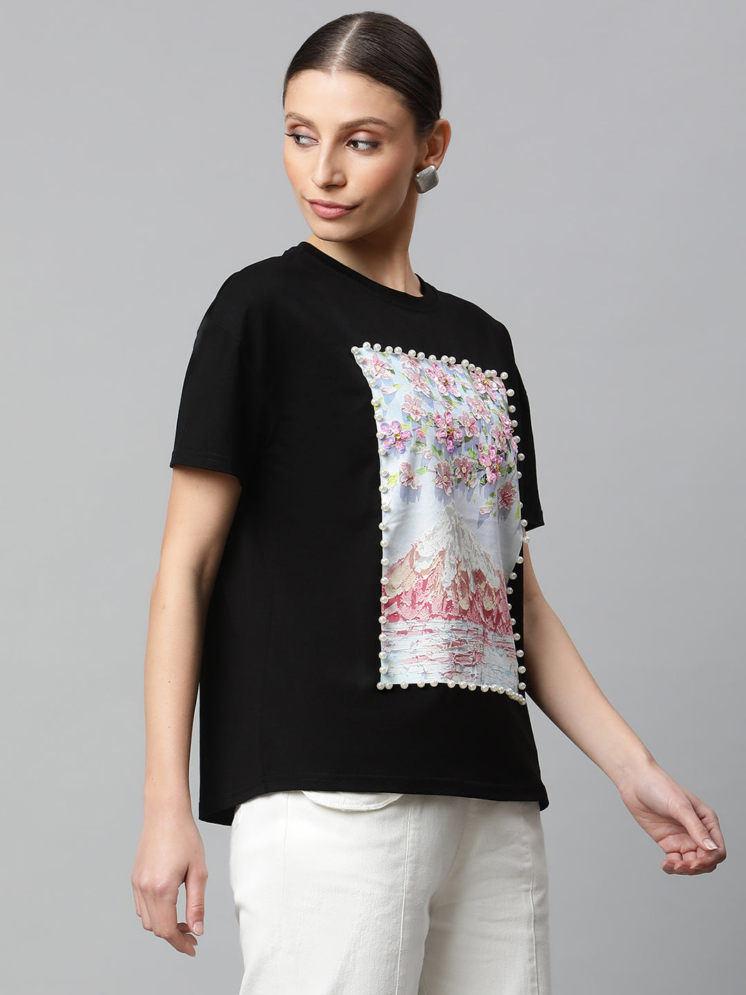 Black Floral Embellished T-Shirt - Global Republic
