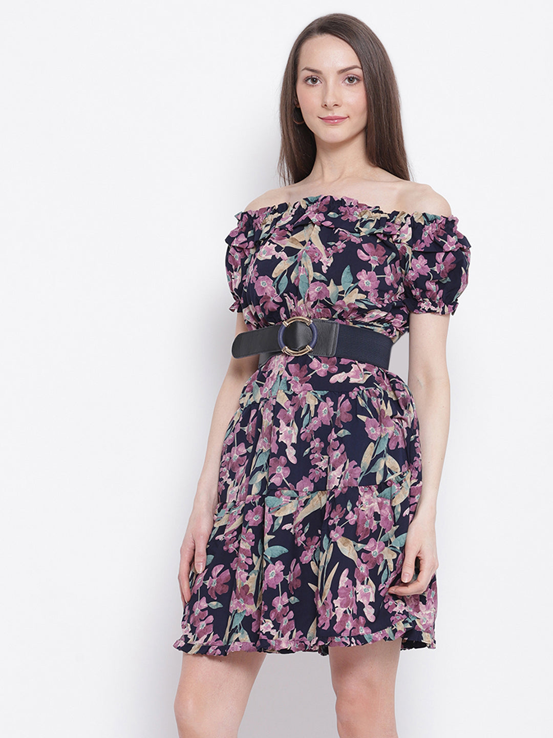 women navy blue multi floralary floral dress