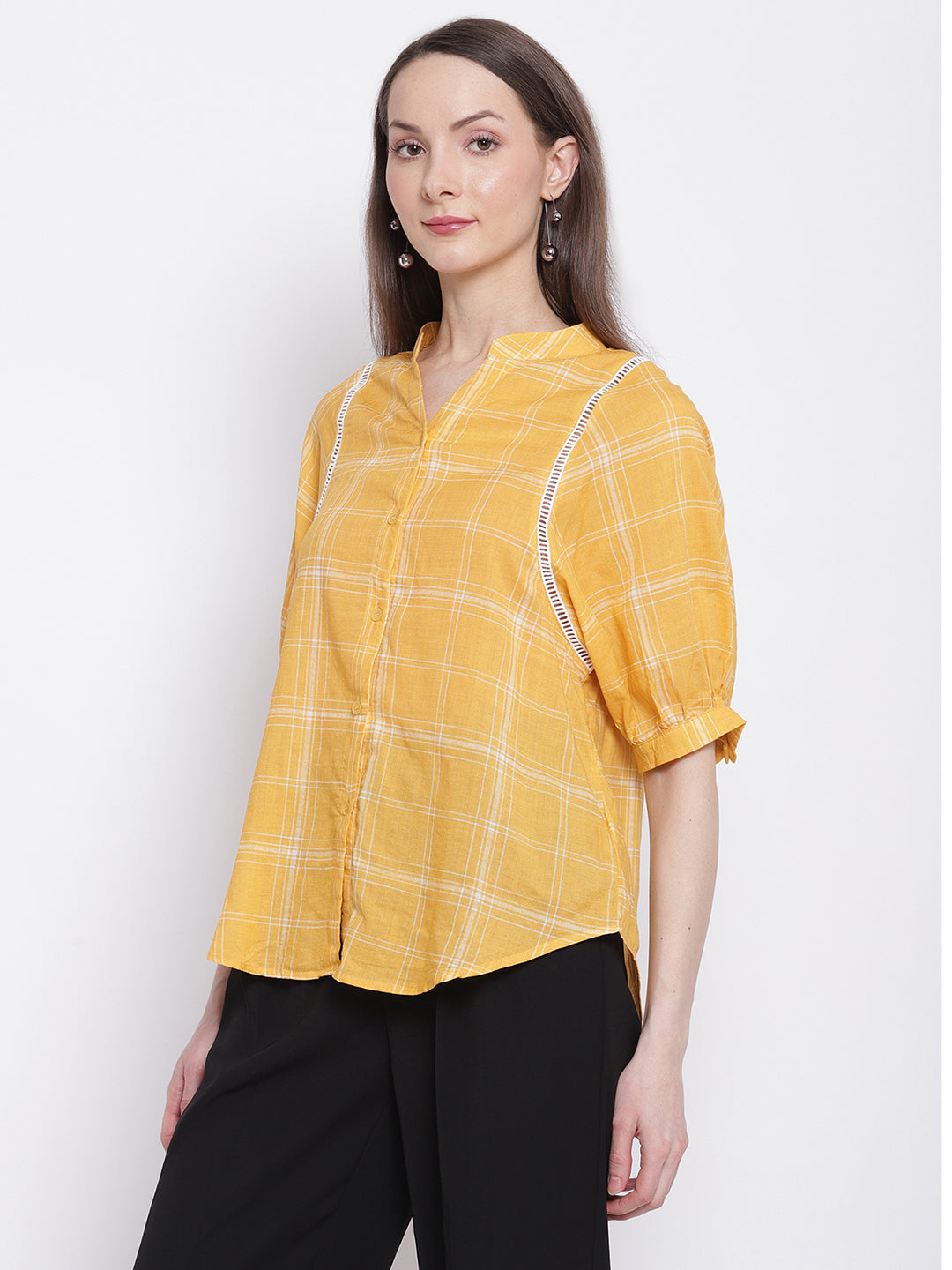 women mango yellow checkty check topshirt