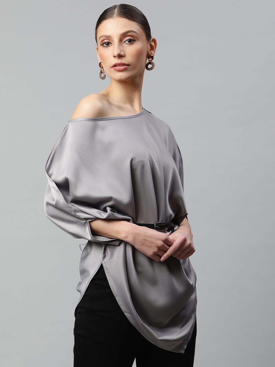 Satin Asymmetric Hem Off-Shoulder Top
