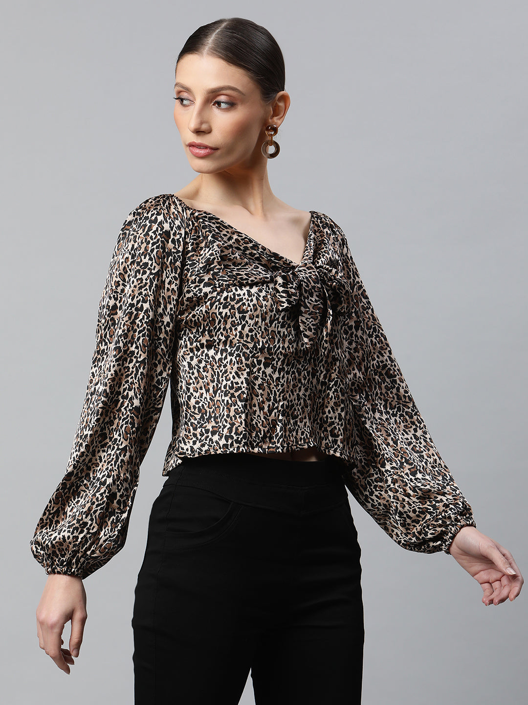 Women Leopard Printed Bishop Sleeves Brown Party Blouson Top