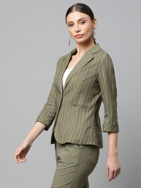 Women Olive Green & White Vertical Lines Formal Blazer