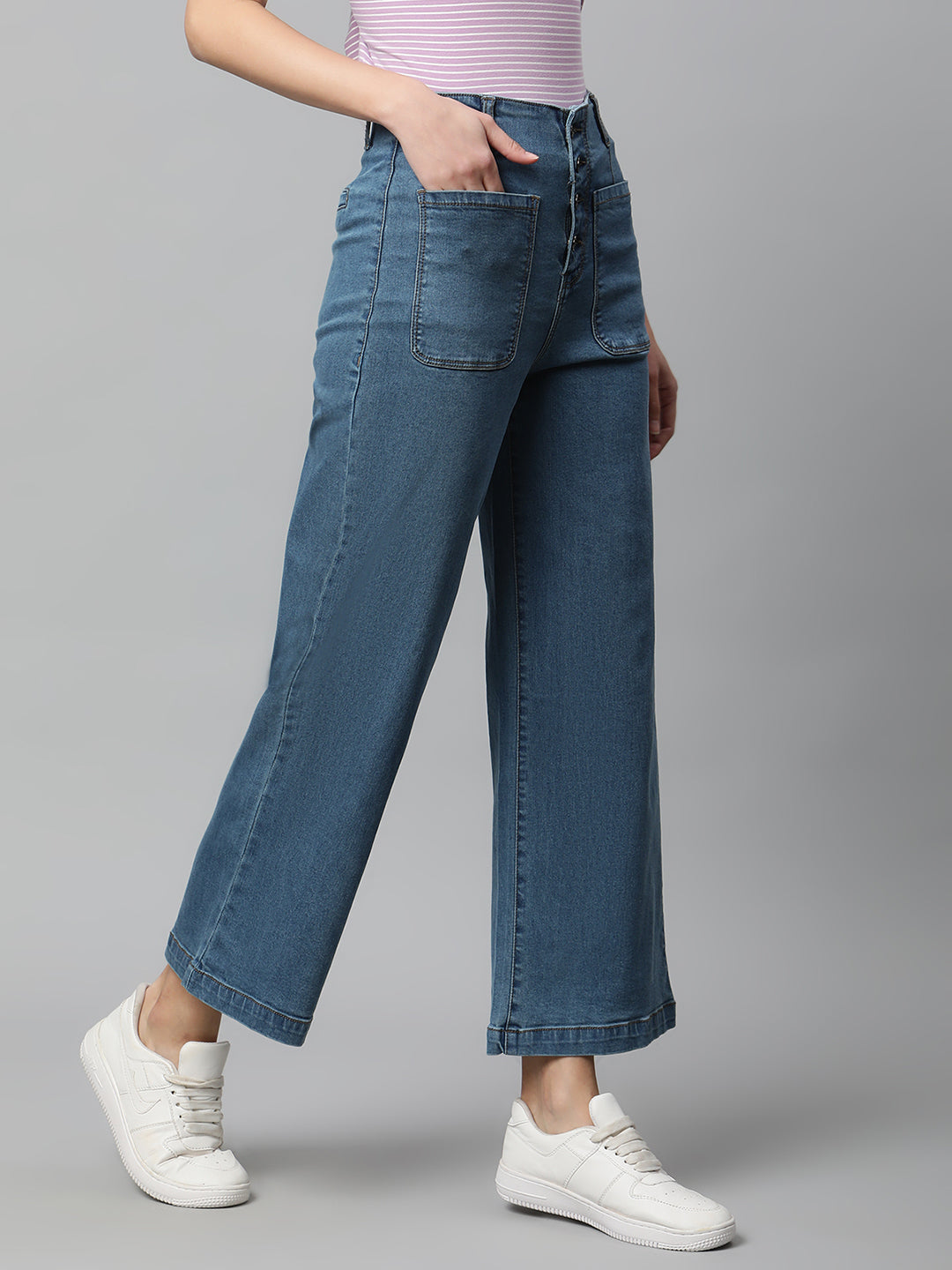 Women High Rise Cropped Length Blue Jeans