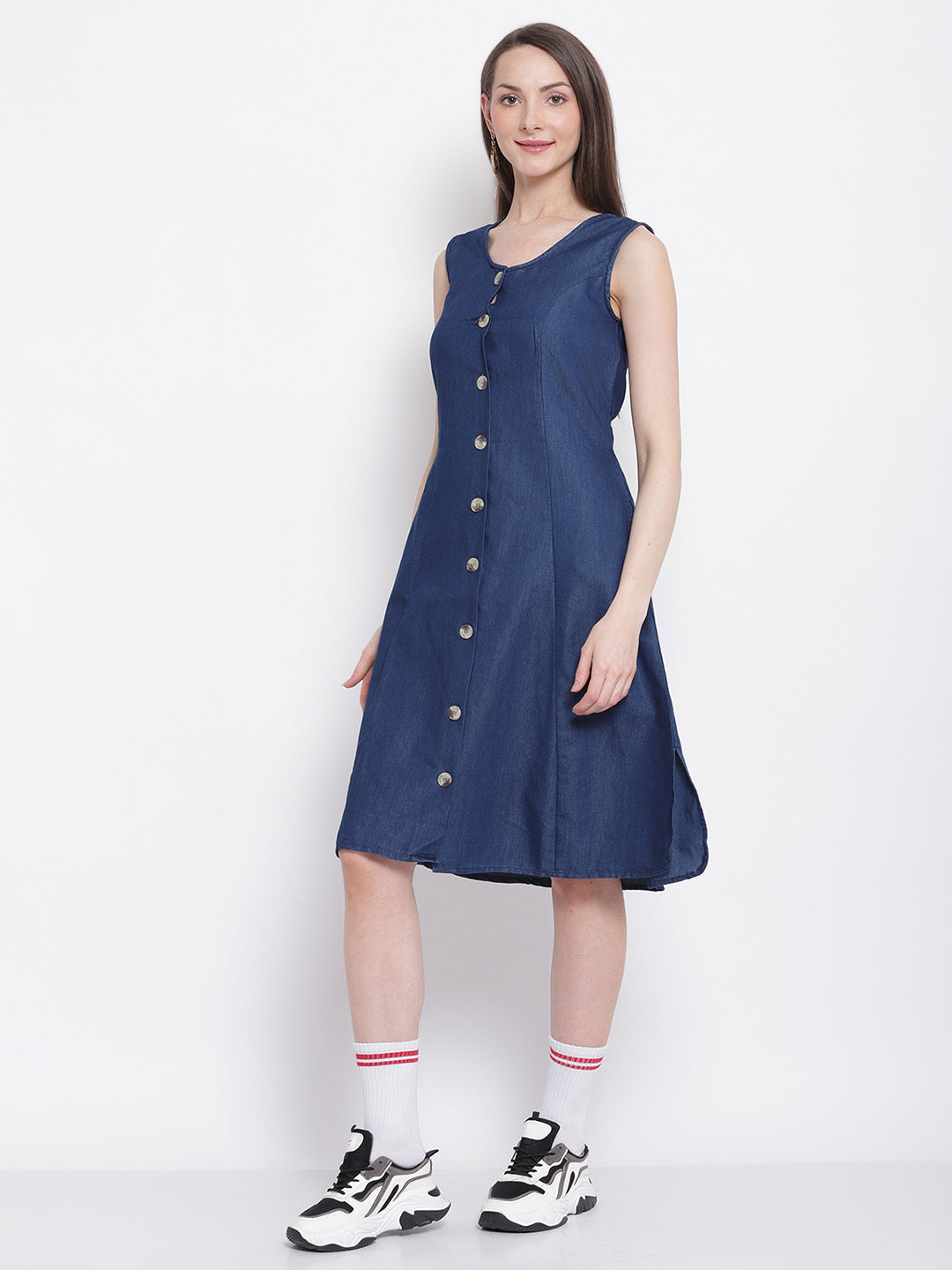 women dark blue denim a line dress