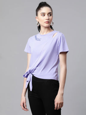 Women Regular Fit Embroidered Purple Hosiery Top
