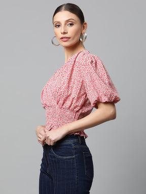 Women Pink Elasticated Hem Floral Print Cropped Top