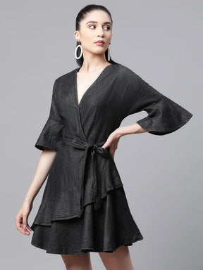 women solid charcoal denim flared casual dress
