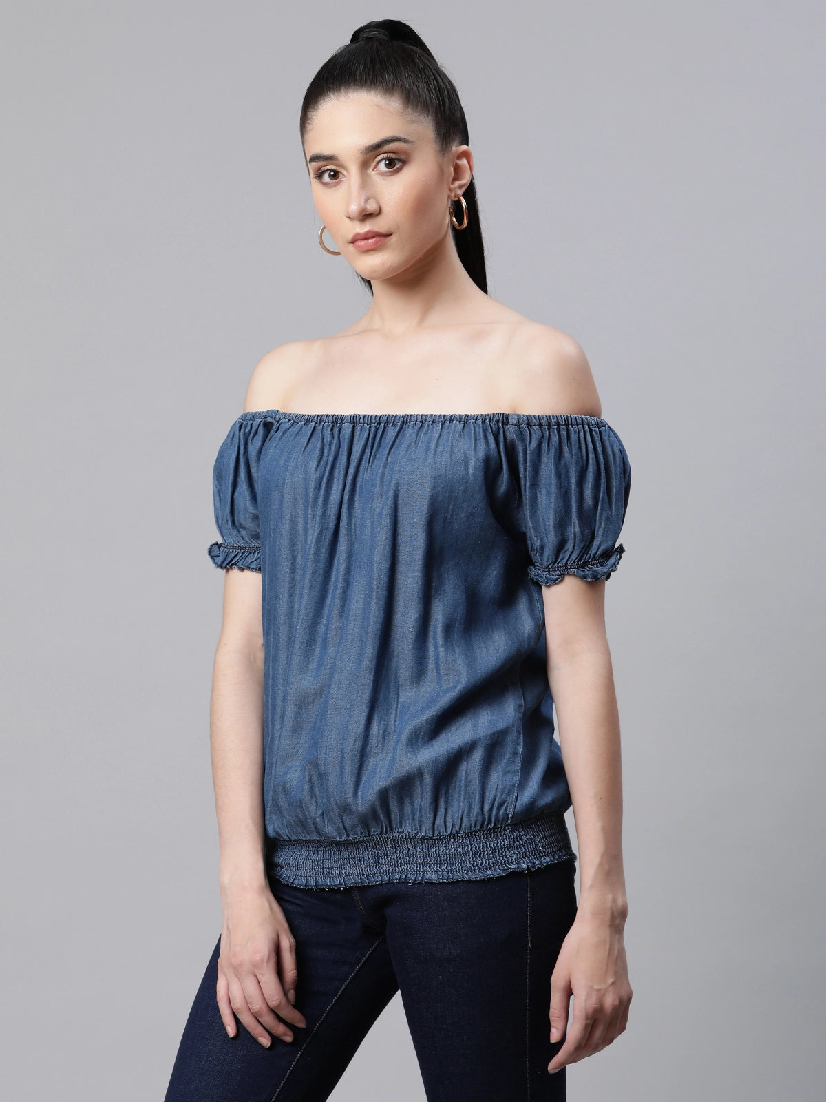 Women Blue Denim Off Shoulder Loose Fit Casual Top