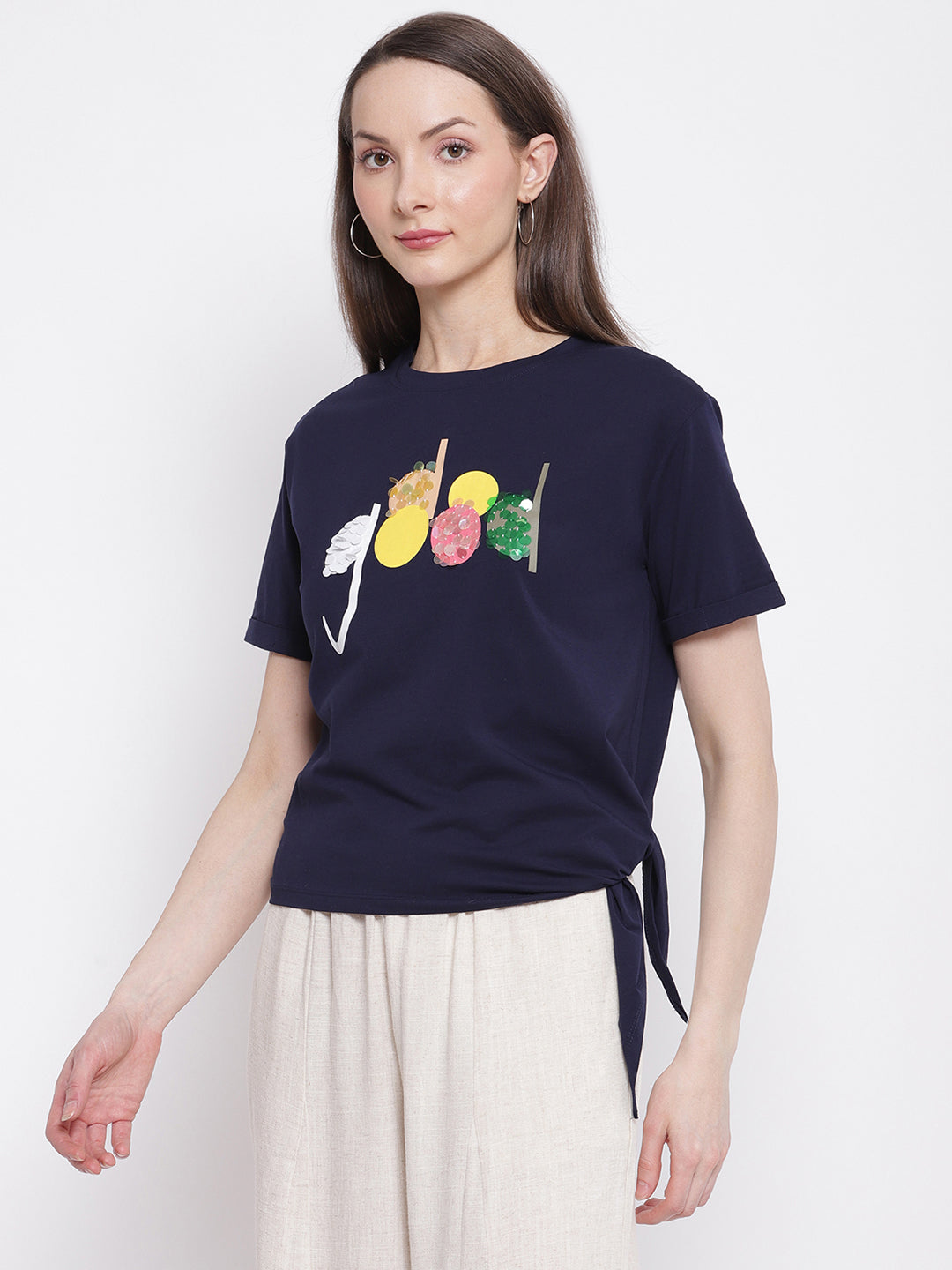 Women Navy Blue Printed Top with Knot Details at Hem
