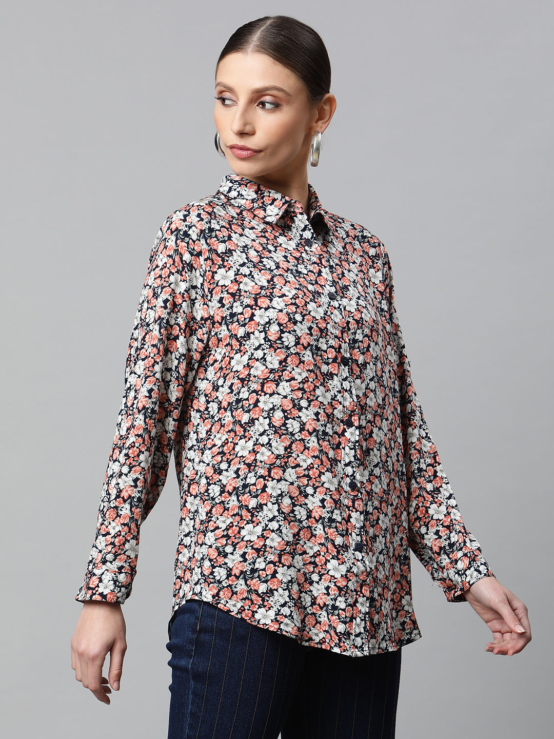 women navy blue multi floral printed shirt