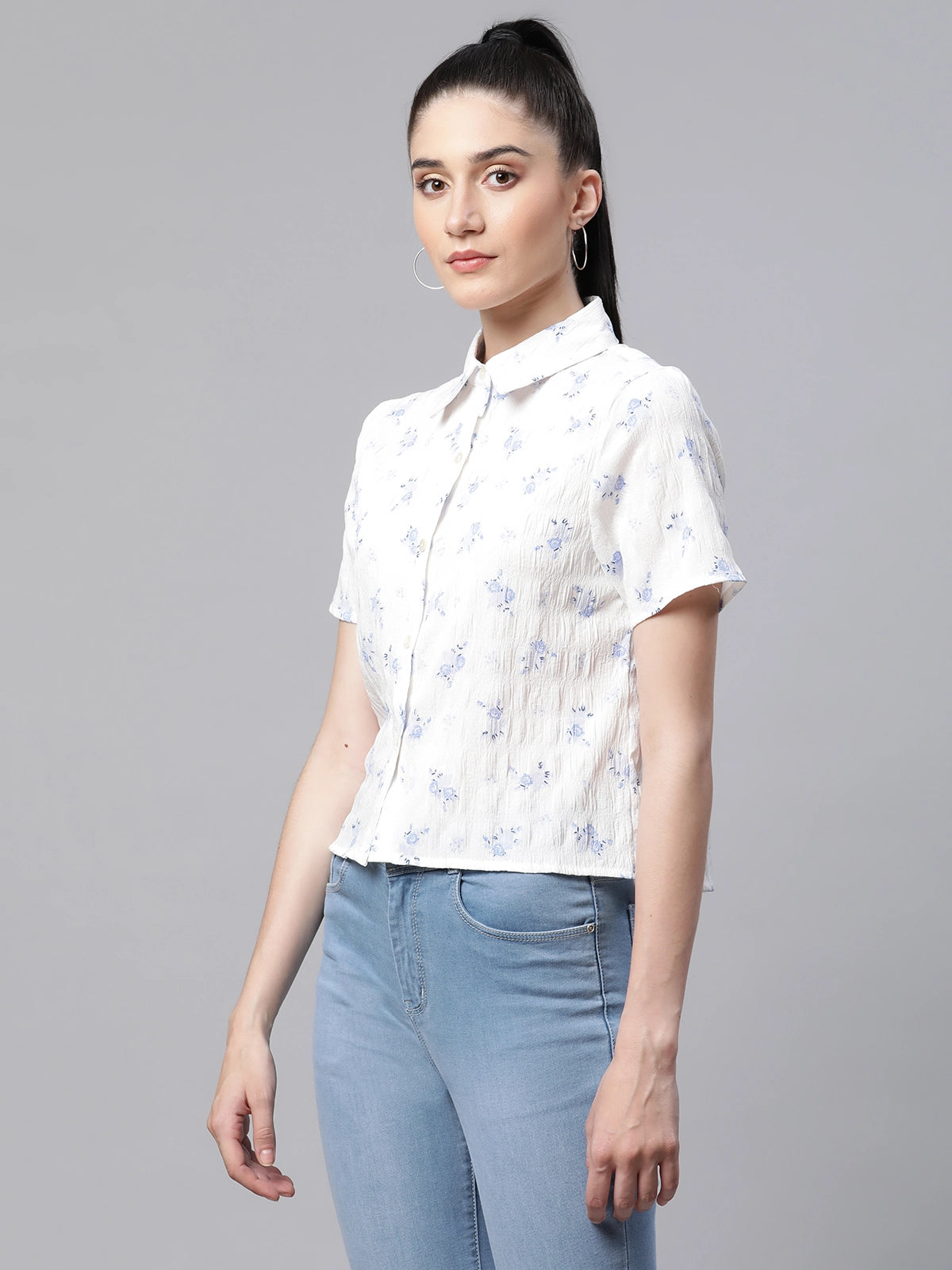 women printed white poly cotton regular fit casual shirt