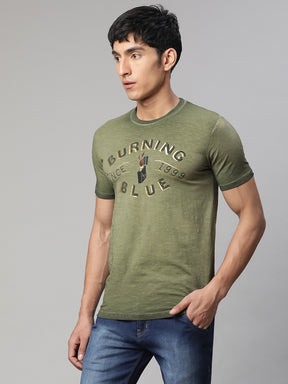 Men Khaki Green Alpha Printed T-Shirt