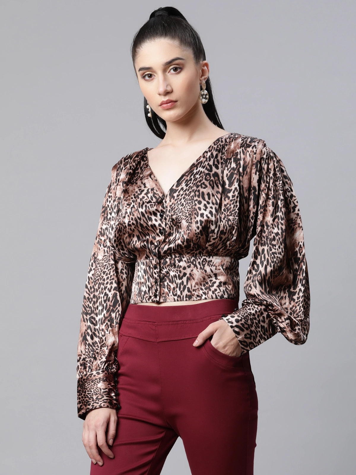 Women Animal Printed Brown Fitted Party Blouson Top - Global Republic