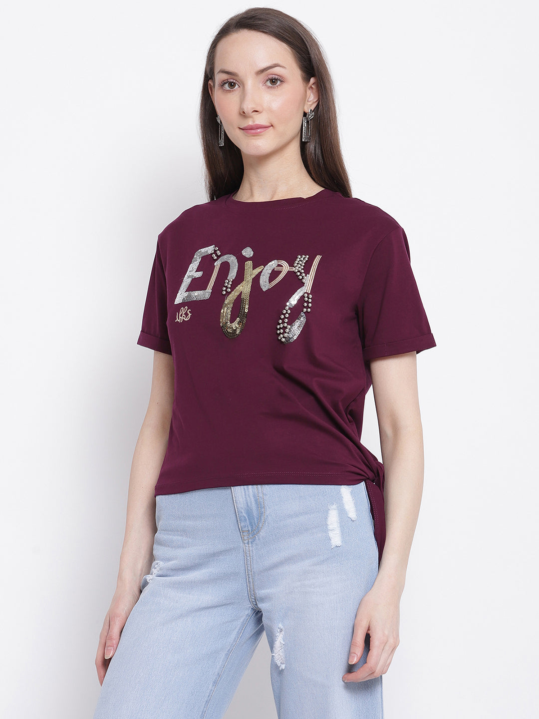 Women Maroon Printed T-Shirt with Knot Details at Hem