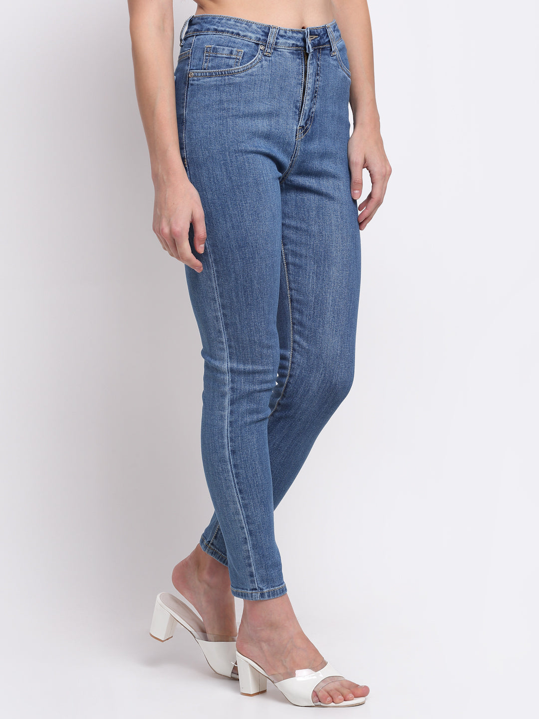 women skinny solid blue jeans