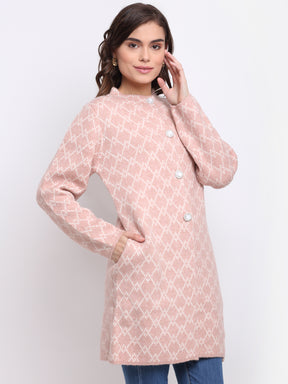 Shop Online Pink Round Neck Checked KNIT Coat