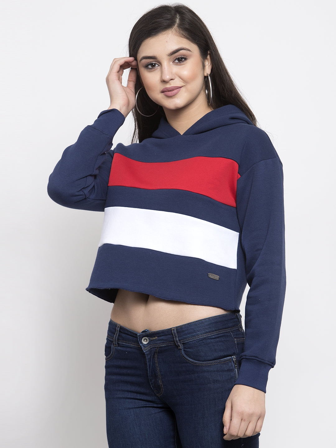 Women Navy Blue Hosiery Crop Length Sweatshirt
