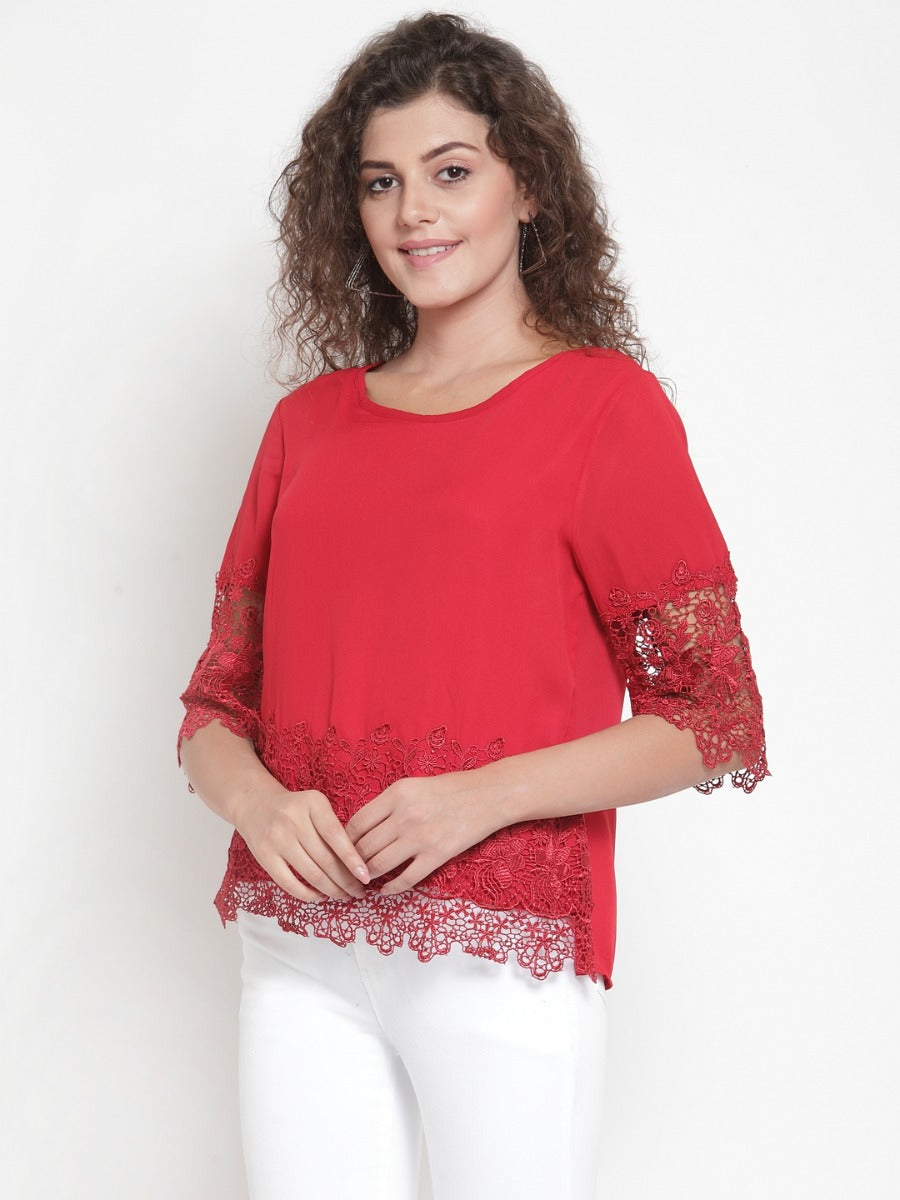 Women Solid Maroon Top With Lace Detail