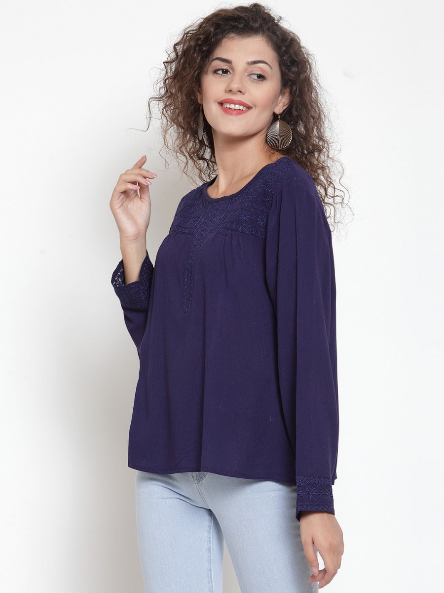 Women Navy Blue Chikan Embroidered Top