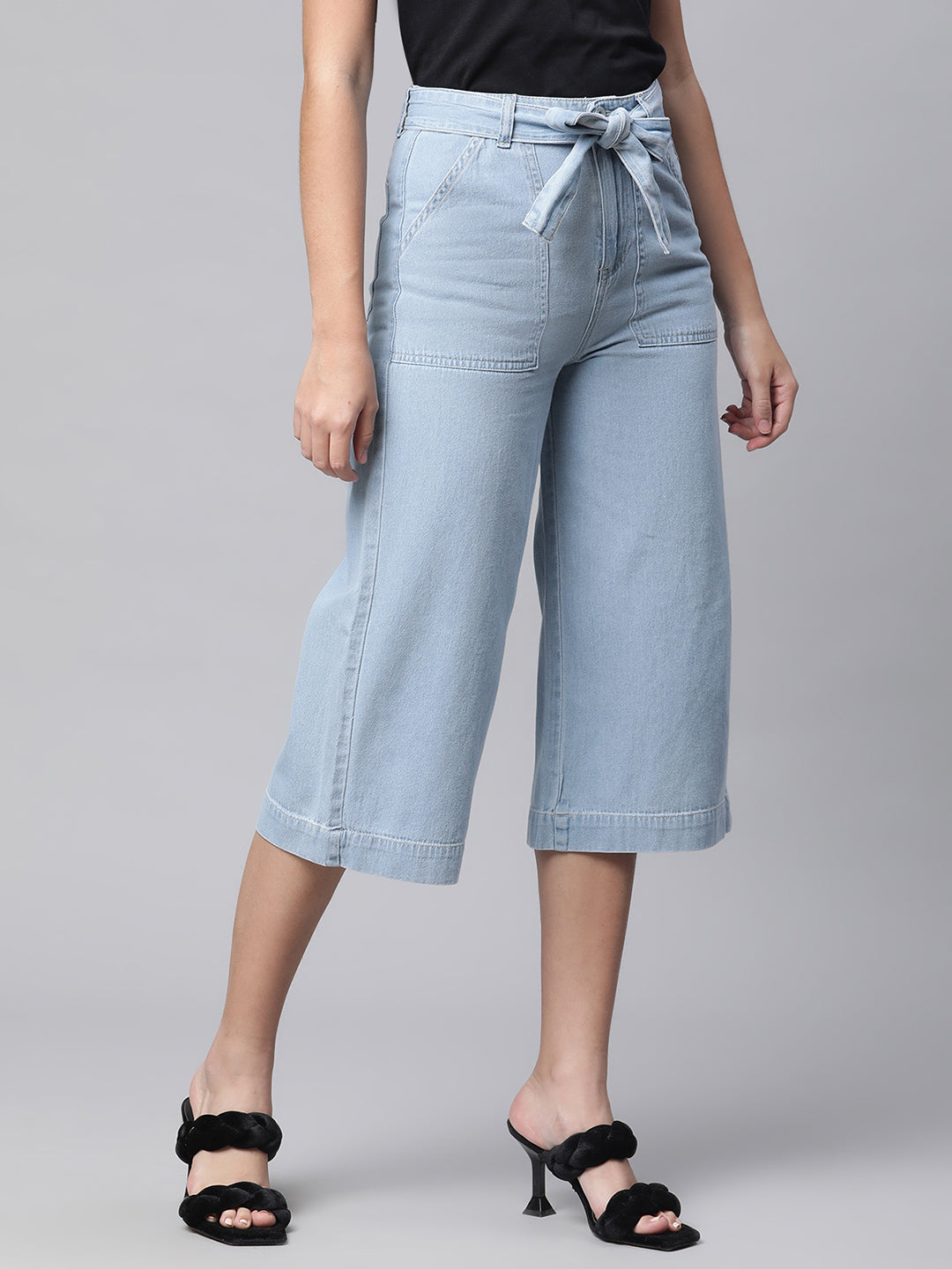 Calf-Length Sky Blue Denim Culottes 