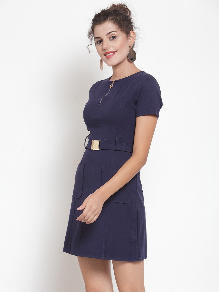 women navy blue shift dress with pockets