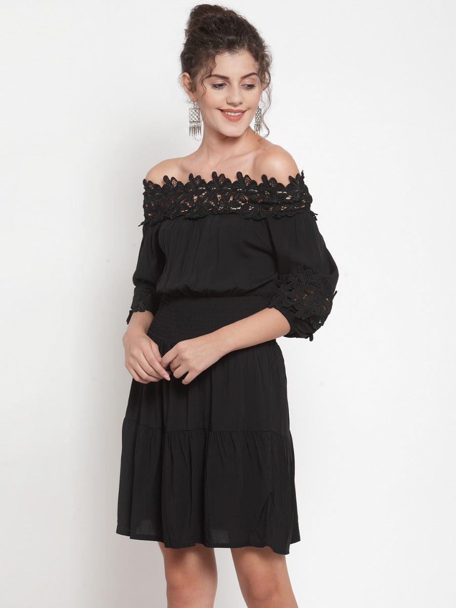 Women Black Off-Shoulder Dress With Lace Detail