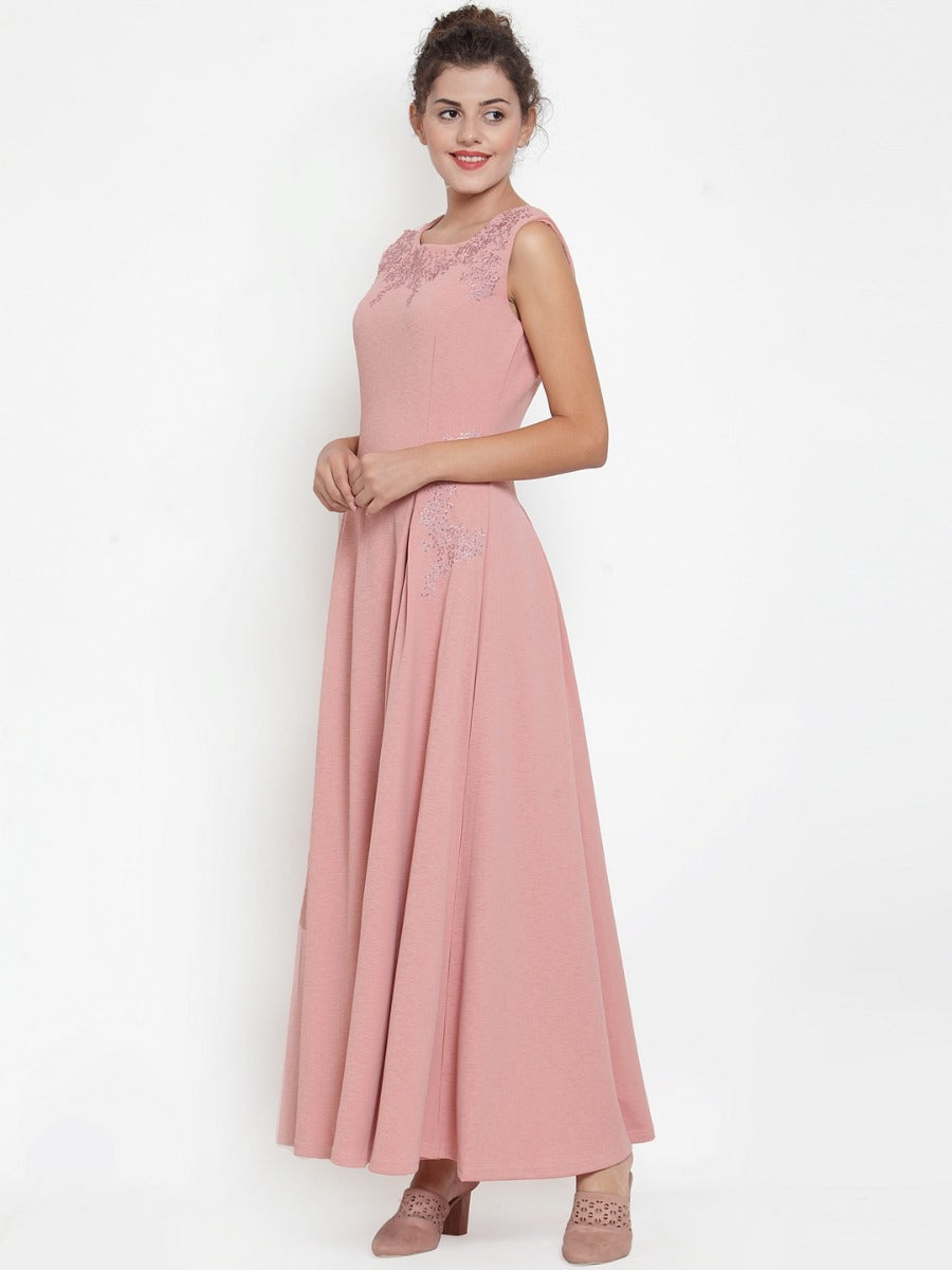 Women Pink Round Neck Maxi Dress