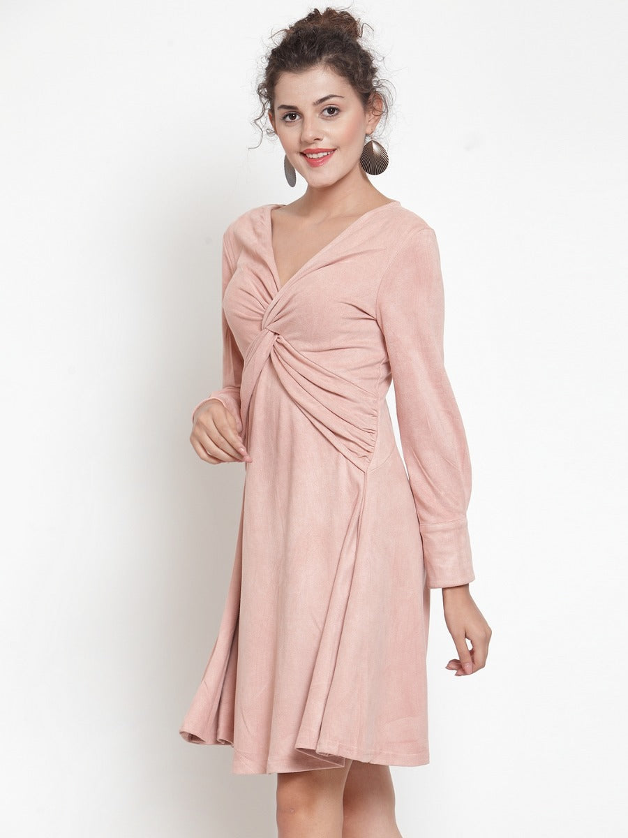Women Solid Pink Front Twisted Knot V-Neck Dress