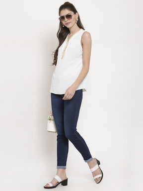 Women Straight Fit Sleeve-Less White Top