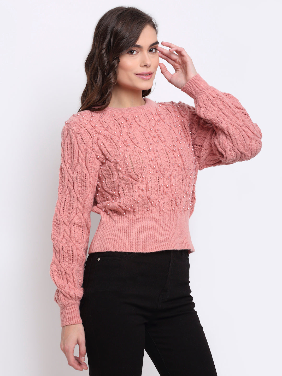 Buy Pink Round Neck Solid KNIT Pullover