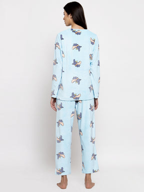 Women Blue Printed Round Neck Night Suit