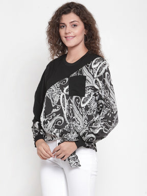 Women Black Block Printed Top With Round-Neck