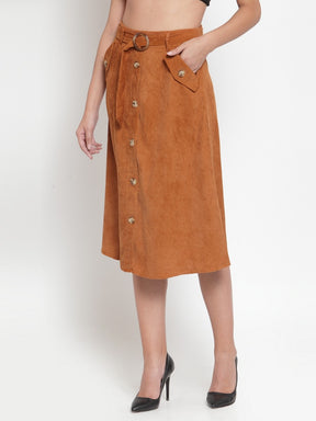 Women Solid Tan Cord Fabric Skirt